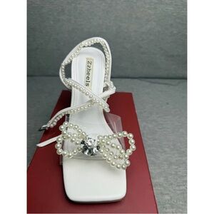 Zzheels Slingback Heels Women's Size 7 White Square Toe Double‎ Bowknots Crystal